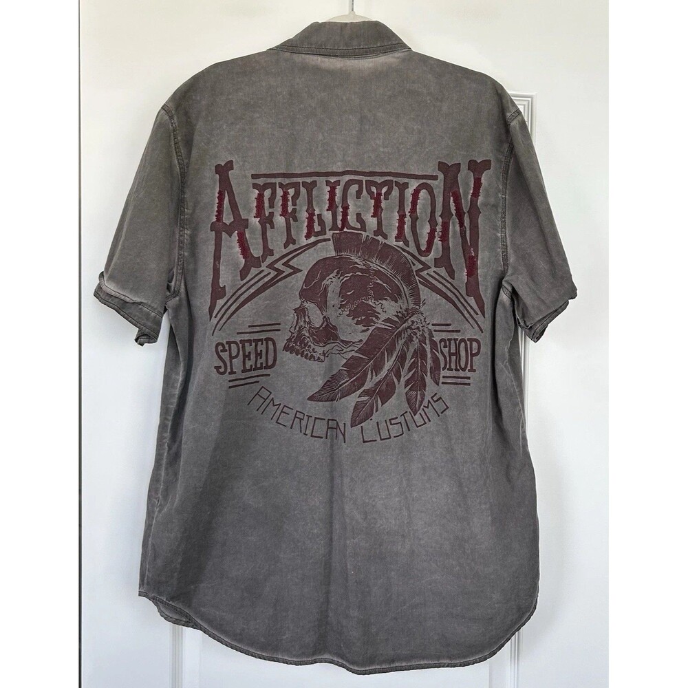 Affliction Black Premium Men XL Speed Shop Skull Button Up Shirt Gray Biker Y2K - Picture 4 of 11
